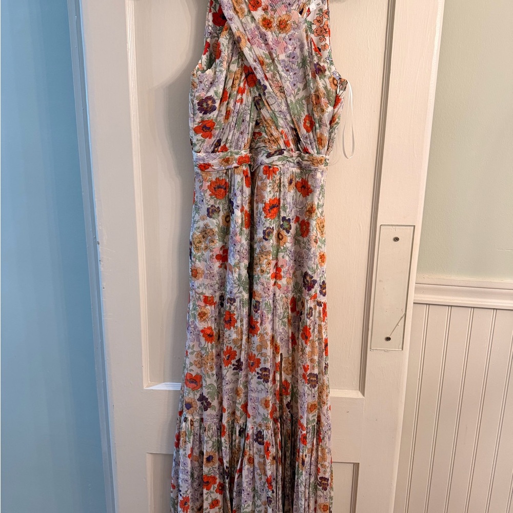Veronica Beard Floral Maxi Dress in Cream, Orange, Purple, and Green